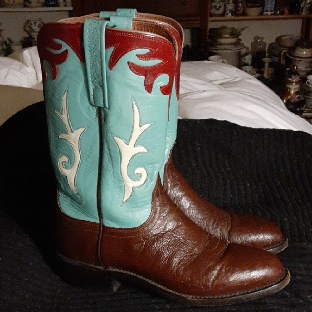 Lucchese Ostrich Leather Red and Turquoise Ankle Boots SZ 7.5/8